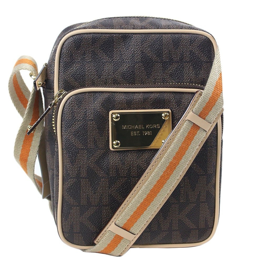 Michael Kors Brown Signature Crossbody Bag with Orange Stripe Strap